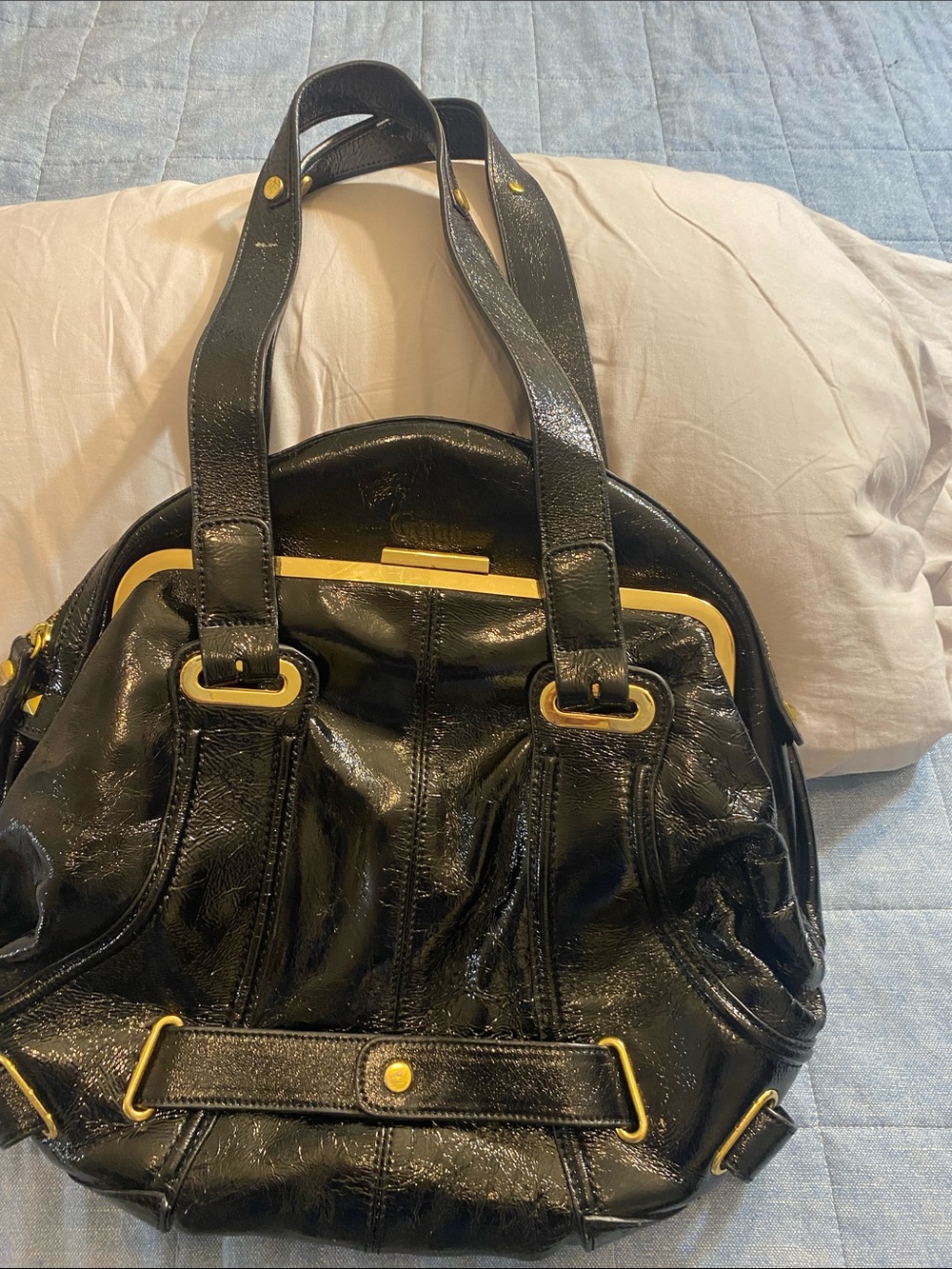 90’s Gaya Genuine Black Patent Leather Shoulder Bag with Gold Hardware
